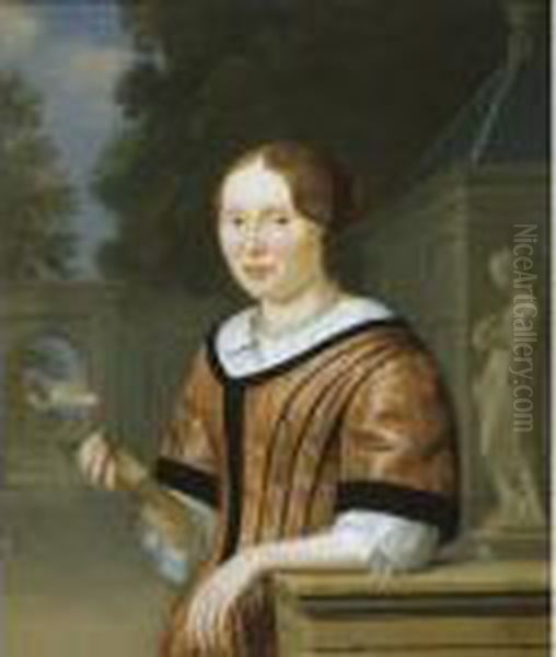 A Portrait Of A Lady Holding A Rose, By A Statue Of Flora In A Garden Oil Painting by Pieter Cornelisz. van SLINGELANDT