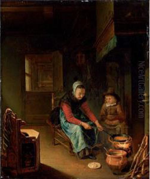 Interior With A Woman Cooking 
Pancakes With A Young Boy Before A Hearth Oil Painting by Pieter Cornelisz. van SLINGELANDT