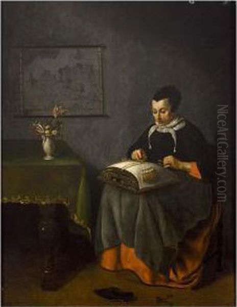 A Girl Embroidering Oil Painting by Pieter Cornelisz. van SLINGELANDT