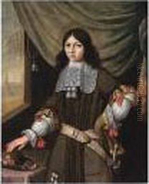 A Portrait Of A Young Nobleman, 
Standing Three Quarter Length, Wearing A Dark-green Costume With A 
Sable, White Lace Collar And Sleeves Adorned With Red Ribbons, With His
 Hat On A Table Oil Painting by Pieter Cornelisz. van SLINGELANDT