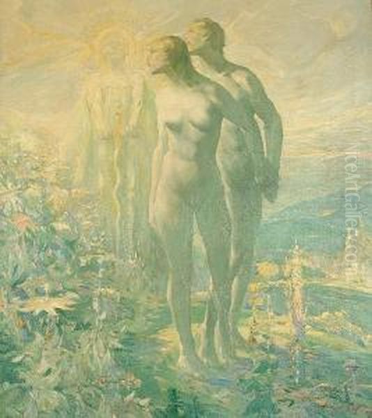 Adam And Eve In The Garden Of Eden Oil Painting by Frank J. Van Sloun