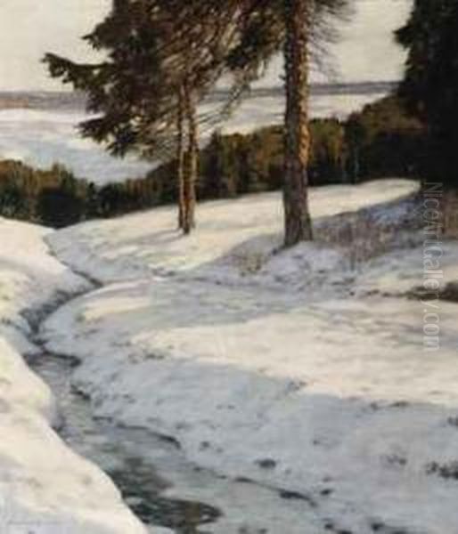 A Winter Landscape With Pine Trees Oil Painting by Louis Willem Van Soest