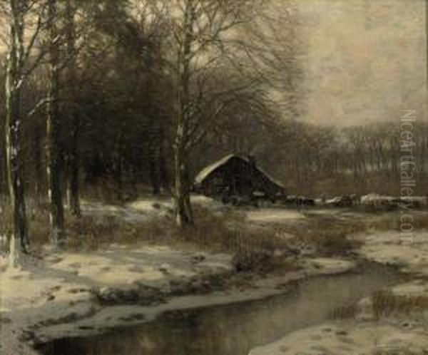 A Farm In A Forest In Winter Oil Painting by Louis Willem Van Soest