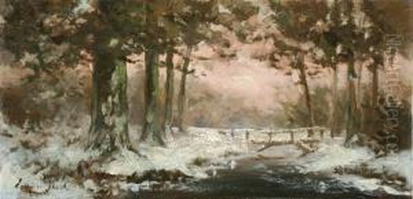 Forest With Streamand Wooden Bridge In Winter Oil Painting by Louis Willem Van Soest