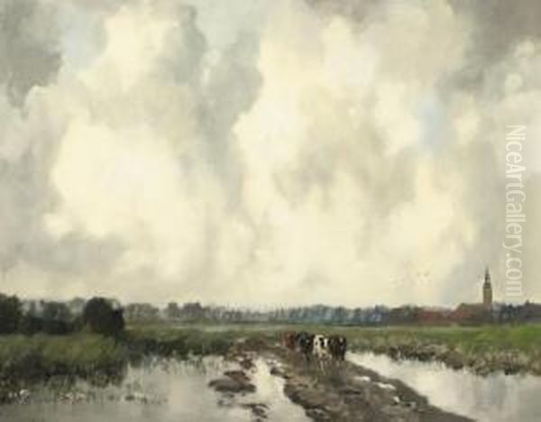 On The Outskirts Of Nieuwkoop With The Gemeentetoren In The Background Oil Painting by Louis Willem Van Soest