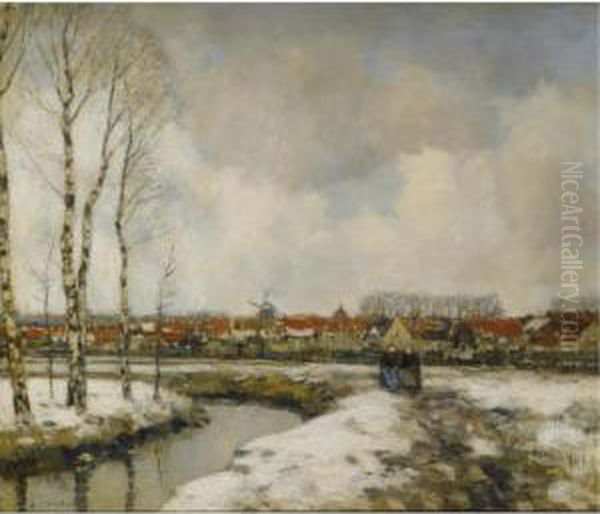 A Winter Townscape With Figures Along A Stream Oil Painting by Louis Willem Van Soest