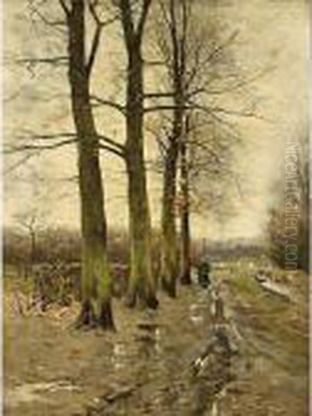 A Woman On A Path In A Forest Landscape Oil Painting by Louis Willem Van Soest