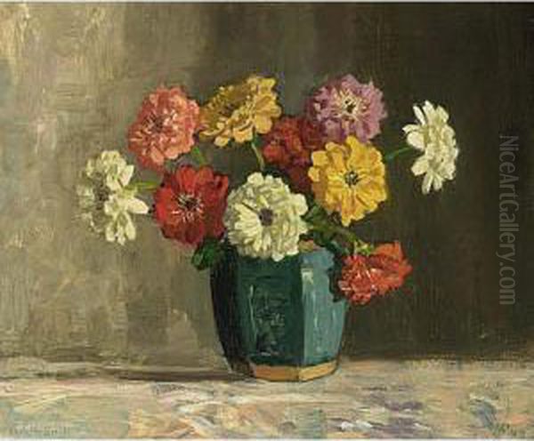 A Still Life With Chrysanthemum 
In A Blue Vase; Together With A Flower Still Life By The Same Artist Oil Painting by Louis Willem Van Soest