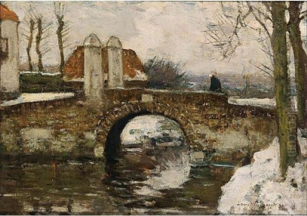 A Figure On A Bridge In A Winter Landscape, Laag Soeren Oil Painting by Louis Willem Van Soest