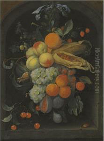 A Still Life Of Peaches, Grapes,
 Figs, Cherries, Apricots And Husksof Maize Suspended In A Stone Niche 
From A Spike With A Blue Bow,together With A Beetle And A Caterpillar Oil Painting by Joris Van Son