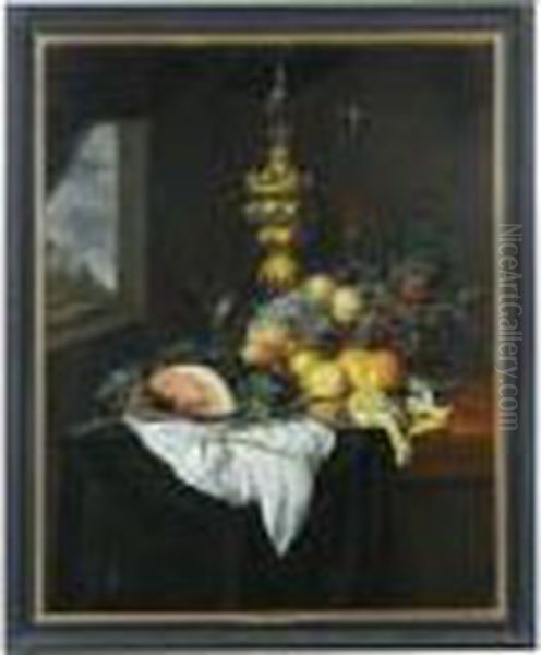 Nature Morte Aux Fruits Et Pieces D'orfevrerie Sur Unentablement Oil Painting by Joris Van Son