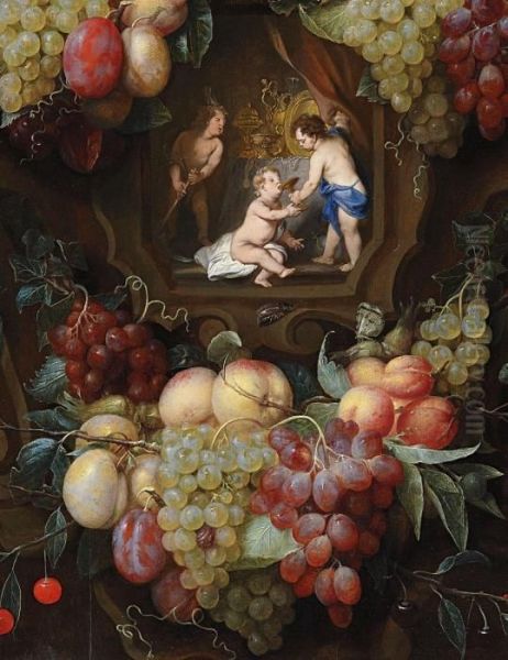 Ornamentkartusche Mitfruchtegirlanden Und Figurenszene Oil Painting by Joris Van Son