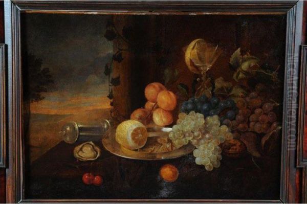 Fruits Et Verres Sur Unentablement Avec Un Fond De Paysage Oil Painting by Joris Van Son