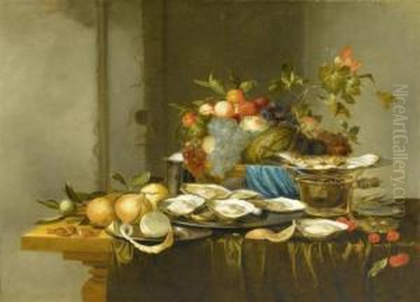 Still Life With Fruits And Oysters On A Table Oil Painting by Joris Van Son