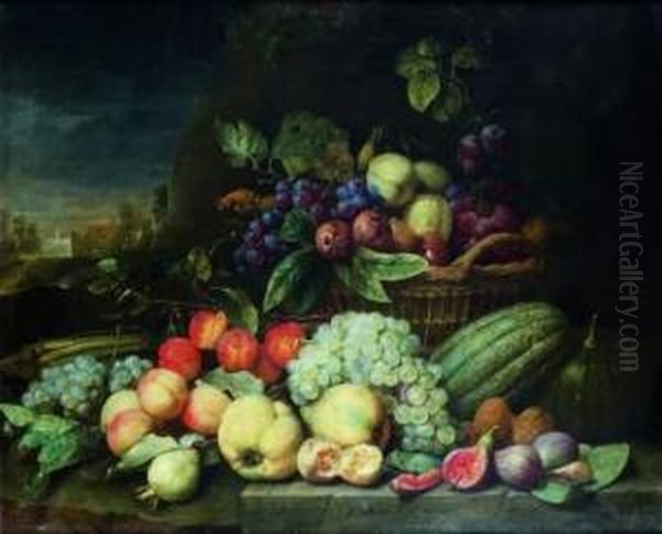 Nature-morte Au Panier De Fruits Sur Un Entablement Charge De Coings Oil Painting by Joris Van Son