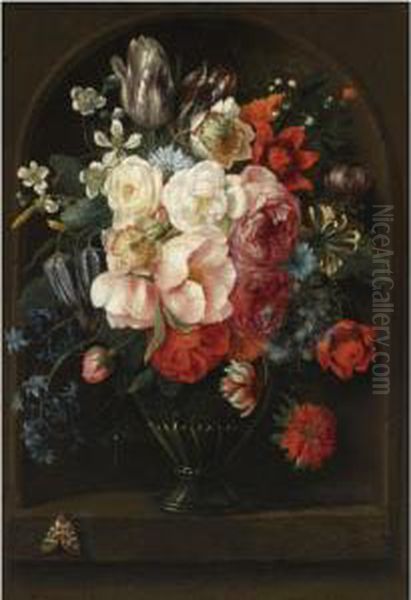 A Still Life Of Roses, Parrot 
Tulips, A Hyacinth, Honeysuckle,anemones And Other Flowers In A Glass 
Vase, Together With Abutterfly, In A Stone Niche Oil Painting by Joris Van Son