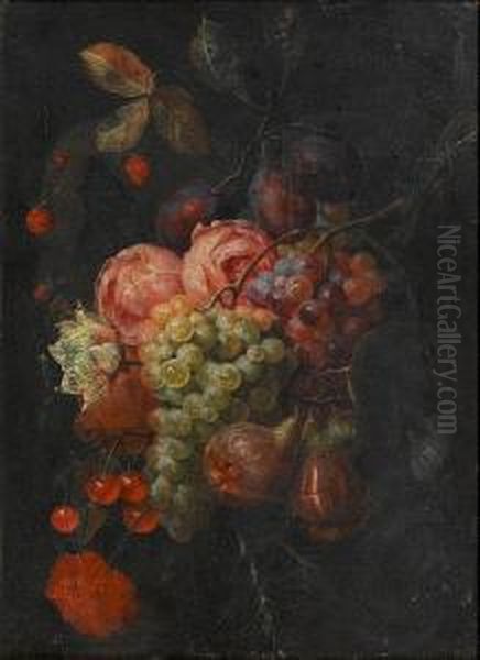 A Garland With Roses, Figs, Grapes, Ivy And Cherries Oil Painting by Joris Van Son