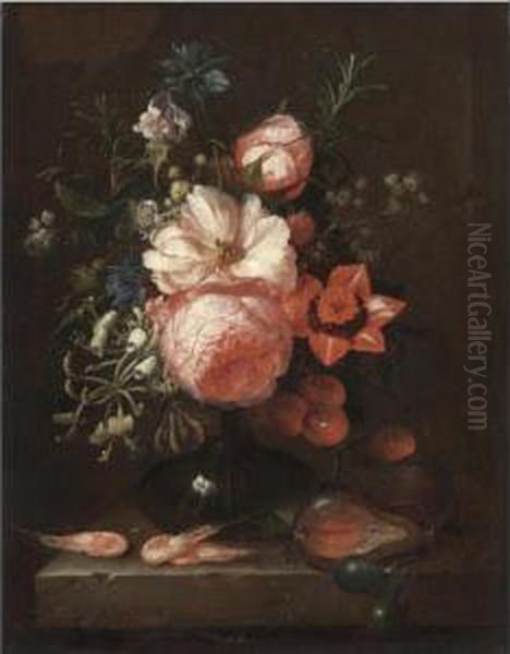 A Still Life With Roses, 
Honeysuckle, Other Flowers And Summer Fruits In A Glass Vase, Shrimps On
 The Stone Ledge Below Oil Painting by Joris Van Son