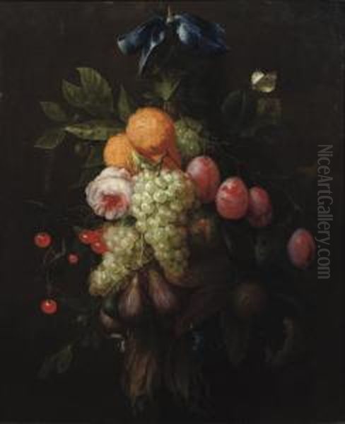 Oranges, Prunes, Cherries, Figs,
 Grapes, And A Rose Hanging From A Blue Ribbon Tied To A Nail, With A 
Butterfly And Other Insects Nearby Oil Painting by Joris Van Son