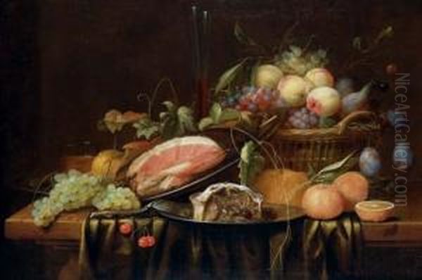 Ham And A Sweetmeat Pie On 
Pewter Plates, Peaches, Grapes, Figs And Plums In A Basket, A Bread 
Roll, Oranges, A Sprig Of Cherries, A Bunch Of Grapes, A Facon-de-venise
 Glass And A Spoon On A Partly-draped Table Oil Painting by Joris Van Son