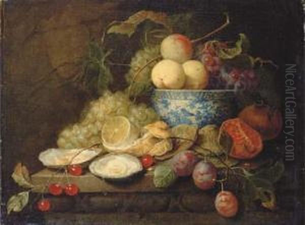 Oysters, Plums, Cherries, Grapes, A Lemon And A Pomegranate On Astone Ledge Oil Painting by Joris Van Son