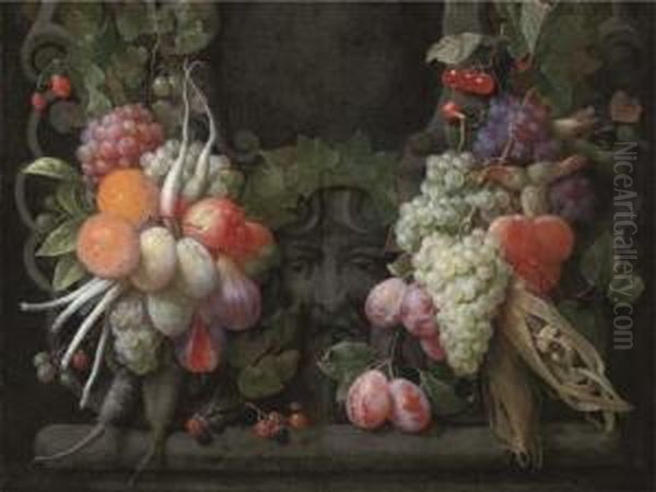 Grapes, Gooseberries, 
Blackberries, Figs, Oranges, Plums, Radishes,asparagus, Maize, Cherries 
And Other Fruits Surrounding A Stonecartouche With A Sculpted Head Oil Painting by Joris Van Son