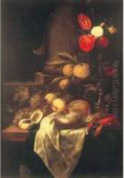 Nature Morte Au Vase De Fleurs Et Fruits Sur Un Entablement Oil Painting by Joris Van Son