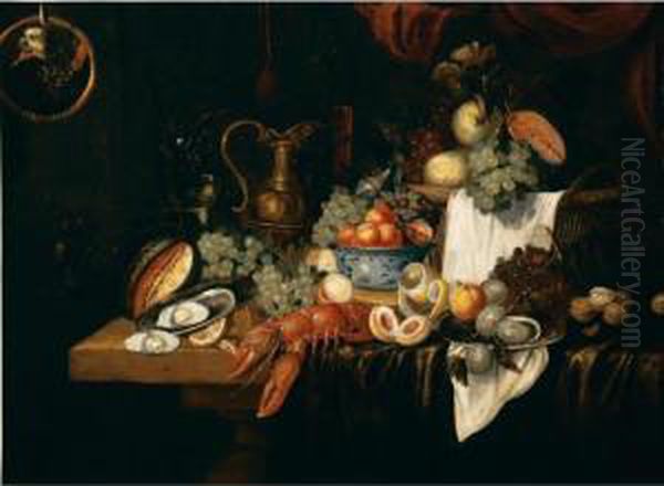 Natura Morta Con Frutta, Ostriche, Un'aragosta E Del Vasellame Su Un Tavolo Oil Painting by Joris Van Son