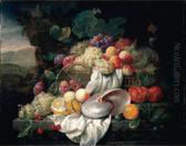 Still Life With Grapes, Plums, 
Apricots And A Pomegranate In A Basket, Together With Other Fruits And A
 Nautilus Shell On A Stone Ledge Oil Painting by Joris Van Son