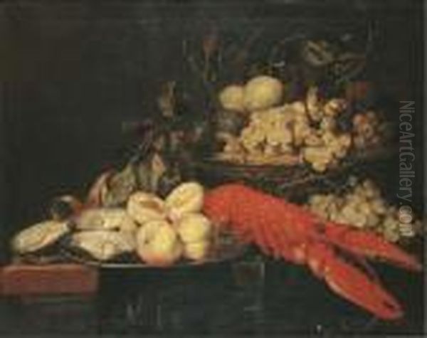 Peaches And Oysters On A Silver 
Platter With Grapes, Plums Andpeaches In A Basket And A Lobster On A 
Partially Coveredtable Oil Painting by Joris Van Son