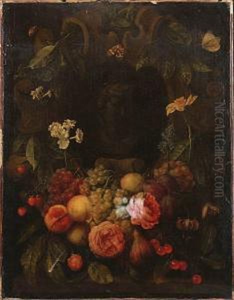 A Swag Of Of Grapes, Peaches, 
Cherries, Strawberries, Roses, Narcissi, A Hyacinth And Other Flowers 
Decorating A Carved Niche With A Bust, With A Cockchafer, Moth And 
Butterfly Oil Painting by Joris Van Son