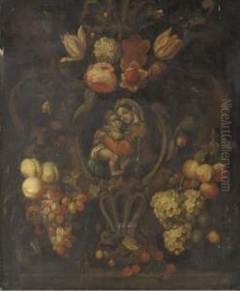 The Madonna And Child In A 
Cartouche Decorated With Roses, Tulips, Grapes, Peaches, Cherries And 
Other Flowers And Fruit Oil Painting by Joris Van Son