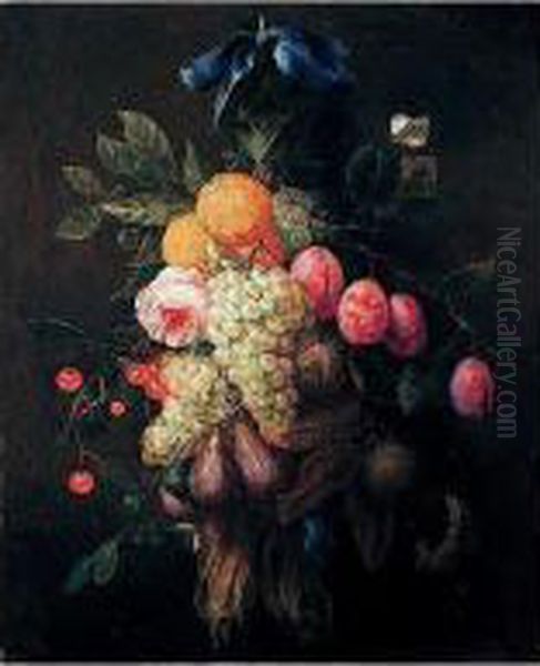 Still Life Of A Garland Of 
Grapes, Oranges, Plums, Figs, Cherries And A Rose, Suspended From A Nail
 Tied With A Blue Ribbon, With A Fly And A White Butterfly Oil Painting by Joris Van Son