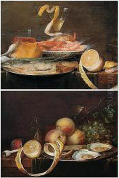 A Still Life Of Shrimps In A 
Blue-and-white Porcelain Bowl, Together With A Herring On A Pewter Dish,
 A Peeled Lemon, A Wine Glass, Bread And Onions, All Arranged Upon A 
Partly Draped Table-top Oil Painting by Joris Van Son