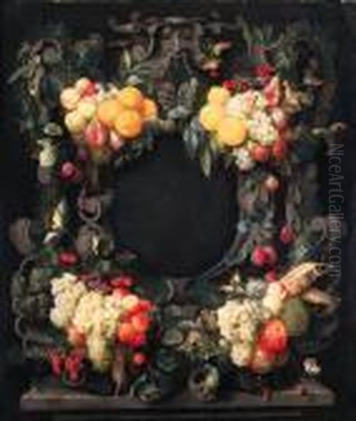 Clusters Of Oranges, Lemons, 
Pears, Grapes, Figs And Other Fruit,corncobs And Nuts Decorating A Stone
 Cartouche Oil Painting by Joris Van Son