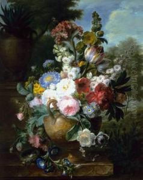 Bouquet De Fleurs Dans Un Vase Pose Sur Un Entablement De Marbre Avec Un Nid D'oiseaux Oil Painting by Cornelis van Spaendonck