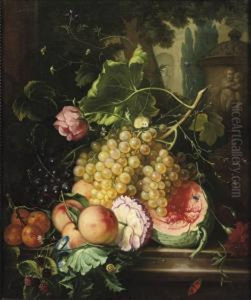 Grapes, A Melon, Peaches And 
Other Fruit, A Rose, Violets And Otherflowers On A Stone Ledge In A Park
 Landscape Oil Painting by Cornelis van Spaendonck