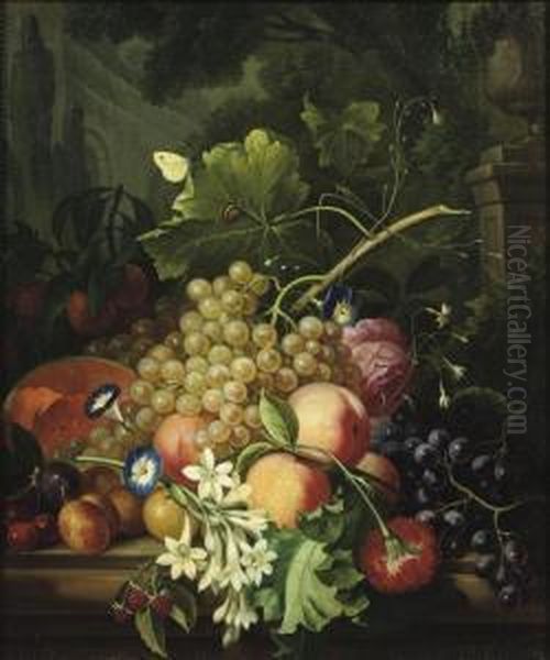 Grapes, Peaches, A Melon And 
Other Fruit, Violets, A Rose And Otherflowers On A Stone Ledge In A Park
 Landscape Oil Painting by Cornelis van Spaendonck