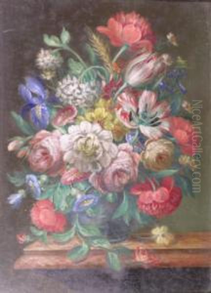 A Still Life With Flowers In A Vase N A Marble Ledge Oil Painting by Cornelis van Spaendonck