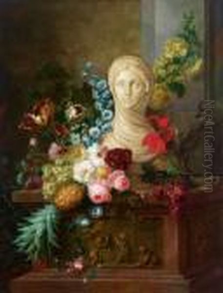 Bottega Un Busto Femminile In 
Pietra Su Un Piedistallo In Pietra Circondato Da Fiori E Frutta Oil Painting by Cornelis van Spaendonck