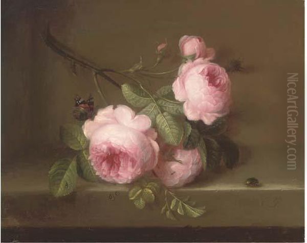 Roses On A Ledge Oil Painting by Cornelis van Spaendonck