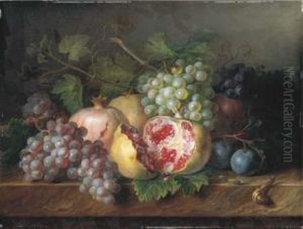 Pomegranates, Grapes And Plums With A Snail And A Caterpillar On Amarble Ledge Oil Painting by Cornelis van Spaendonck