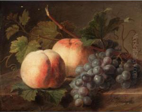 Two Peaches And Grapes Resting On A Marble Ledge Oil Painting by Cornelis van Spaendonck