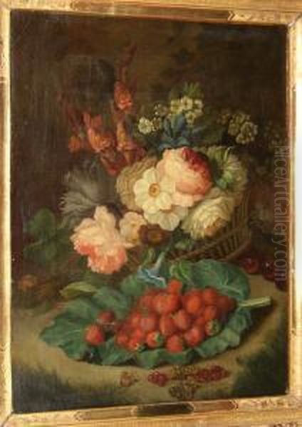 Roses And Other Flowers In A Basket And Strawberries On A Cabbage Leaf Oil Painting by Cornelis van Spaendonck