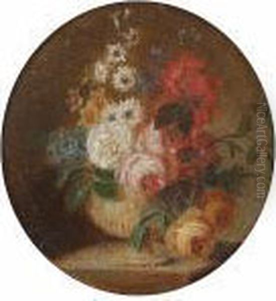 Roses, Poppies, Narcissi And Other Flowers In An Urn On A Plinth Oil Painting by Cornelis van Spaendonck