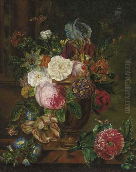 Still Life Of Roses, 
Chrysanthemums, Tulips, Astors, Sweet Williams And Trumpet Flowers In An
 Urn On A Marble Ledge Oil Painting by Cornelis van Spaendonck