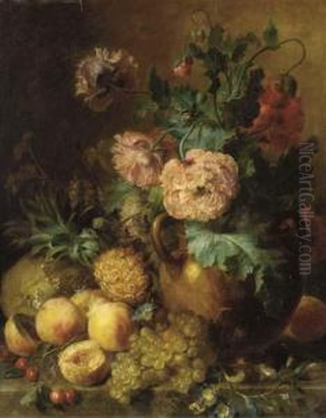 Peaches, Grapes, A Melon, And A Pineapple With Peonies In An Urn Ona Ledge Oil Painting by Cornelis van Spaendonck