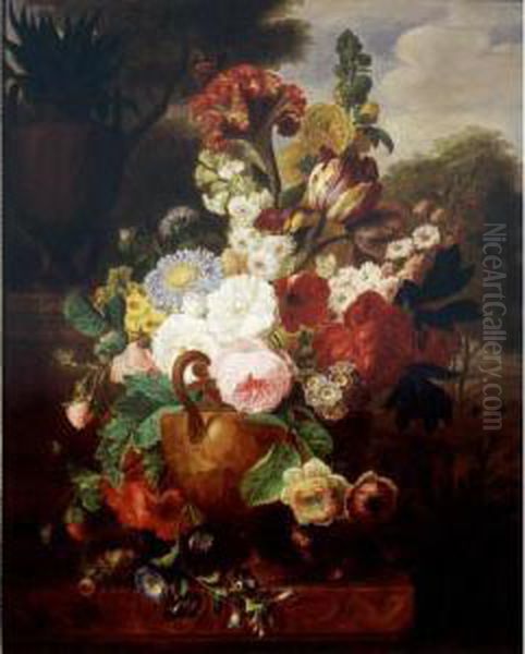 Still Life Of Flowers In An Urn 
Resting On A Marble Ledge With A Bird's Nest, A Landscape Beyond Oil Painting by Cornelis van Spaendonck