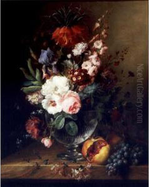 Still Life Of Flowers In A Glass Vase With Pomegranates And Grapes All On A Marble Ledge Oil Painting by Cornelis van Spaendonck