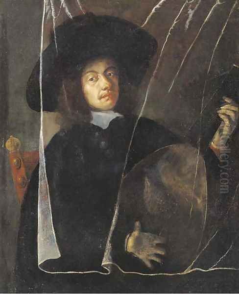 A man playing a lute behind a trompe l'oeil curtain Oil Painting by Barent Fabritius